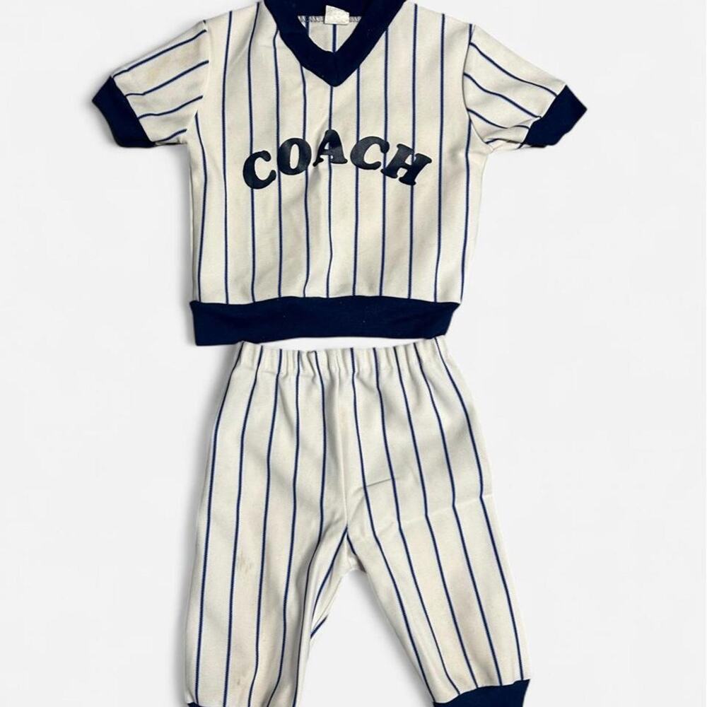 2t Vintage 70s 80s adorable baseball outfit white and blue striped Coach logo